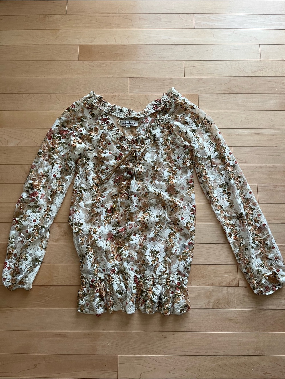 Lady Dutch Florale Long-Sleeve Peasant Top - White with Multi Floral